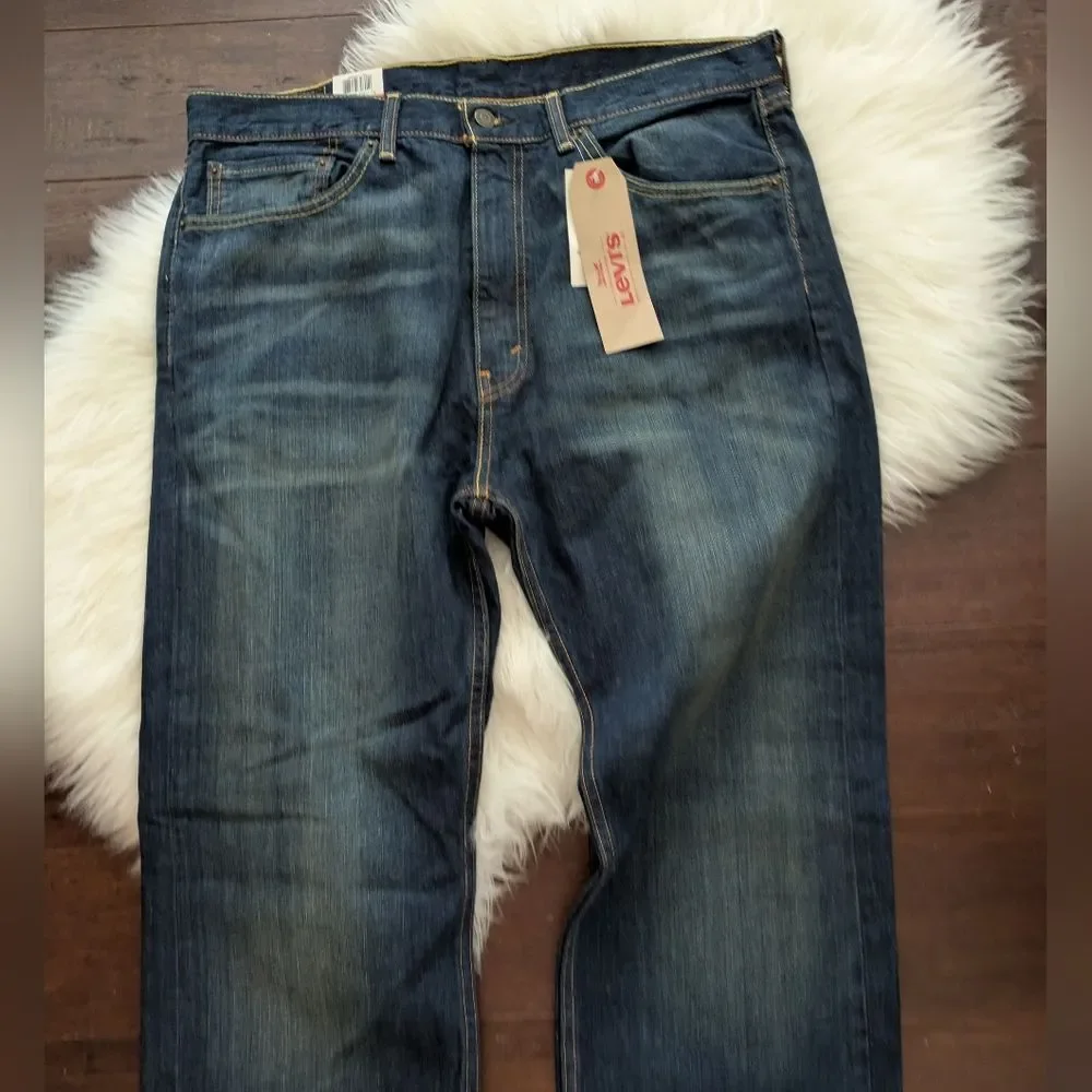 NWT Levi's 505 Blue Distressed Denim Jeans 36x32
